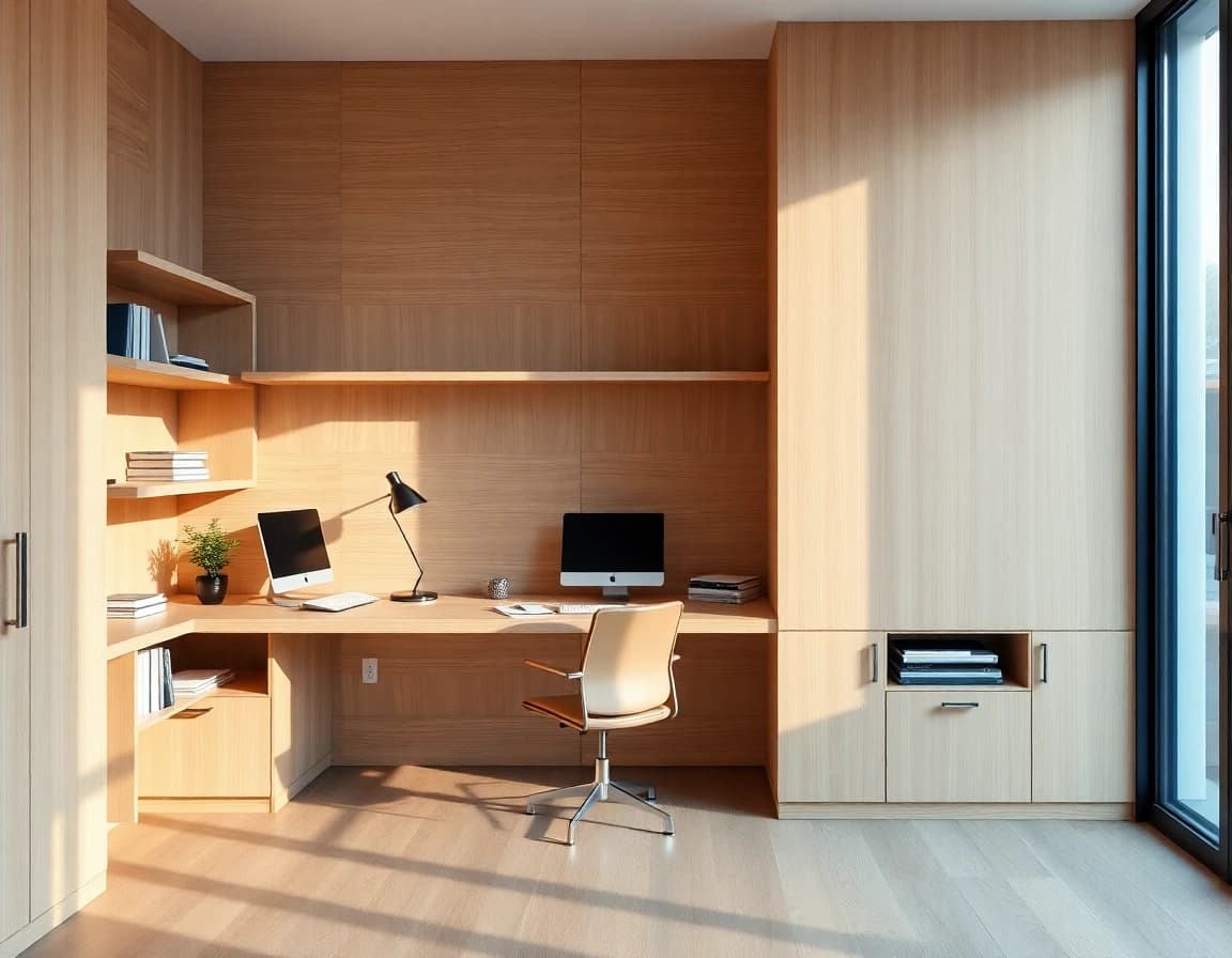 AI Home Office Design inspiration with a warm desk area and a calm modern workspace