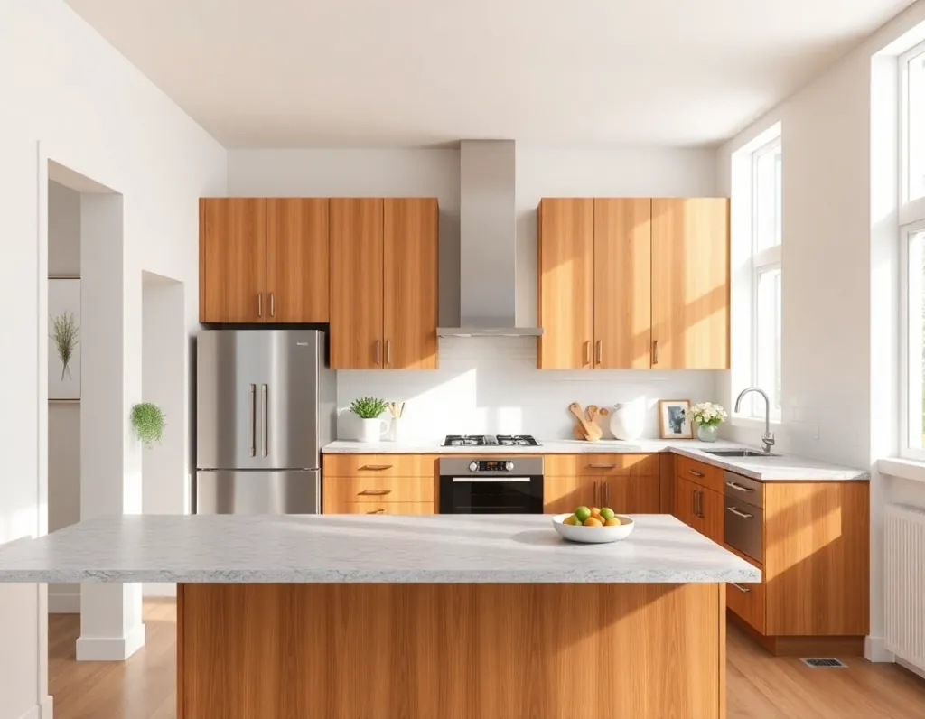 AI Kitchen Design inspiration with warm cabinets and a bright family kitchen
