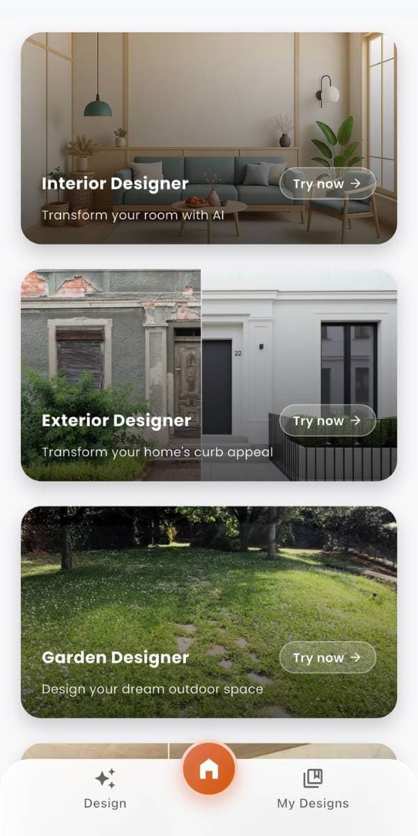 DecorAI app preview showing AI Interior Design results on an iPhone-style screen